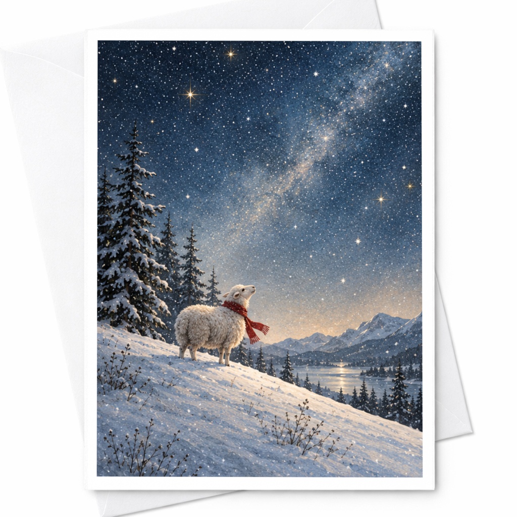 Sheep In Snowy Landscape Christmas Card Winter Scene Holiday Greeting Card For Animal Lover Cute Festive Card Starry Night C9881