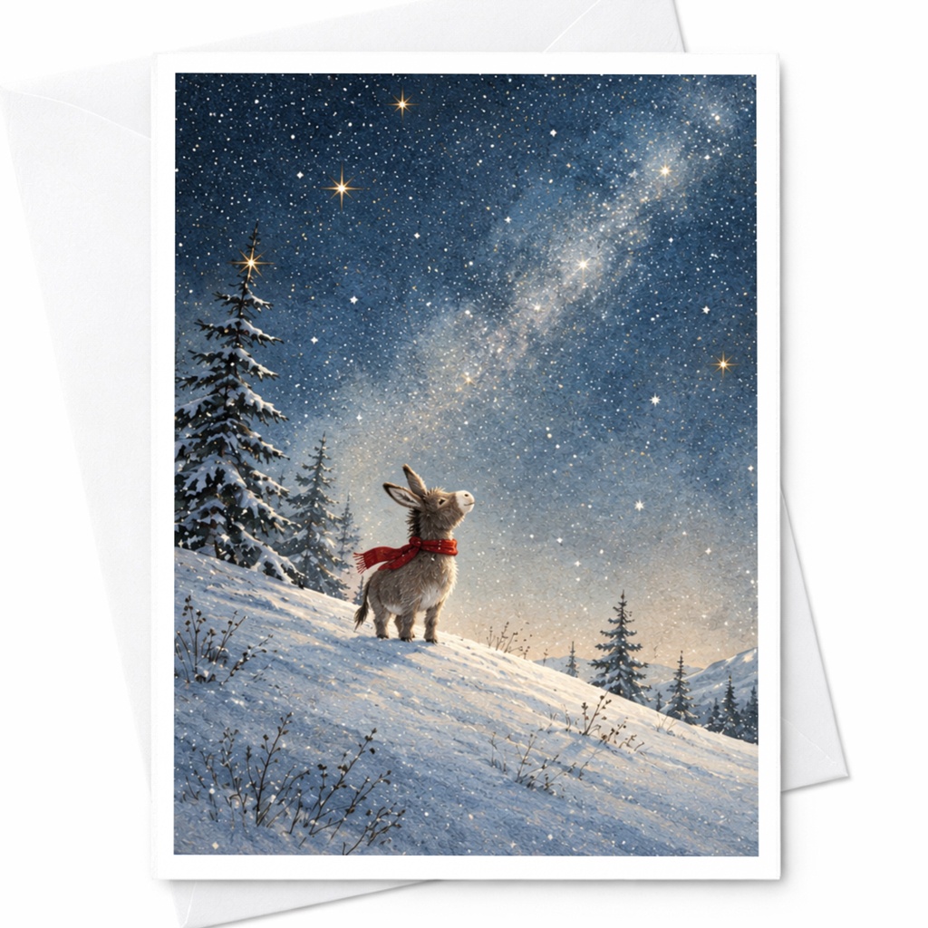 Donkey In Snow Christmas Card Winter Wonderland Animal Greeting Card For Holiday Season Cute Festive Card Starry Night Scene C9883