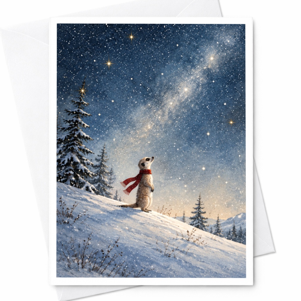 Meerkat In Snow Christmas Card Winter Wonderland Animal Greeting Card For Nature Lover Cute Holiday Card Starry Night Scene C9889