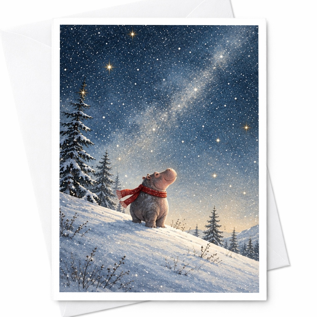 Hippo In Snow Christmas Card Cute Winter Animal Greeting Card For Kids Holiday Card With Scarf Starry Night Scene C9894