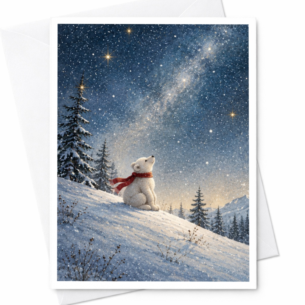 Polar Bear Christmas Card Cute Winter Scene Greeting Card For Animal Lover Holiday Card Snowy Night Sky Illustration C9870