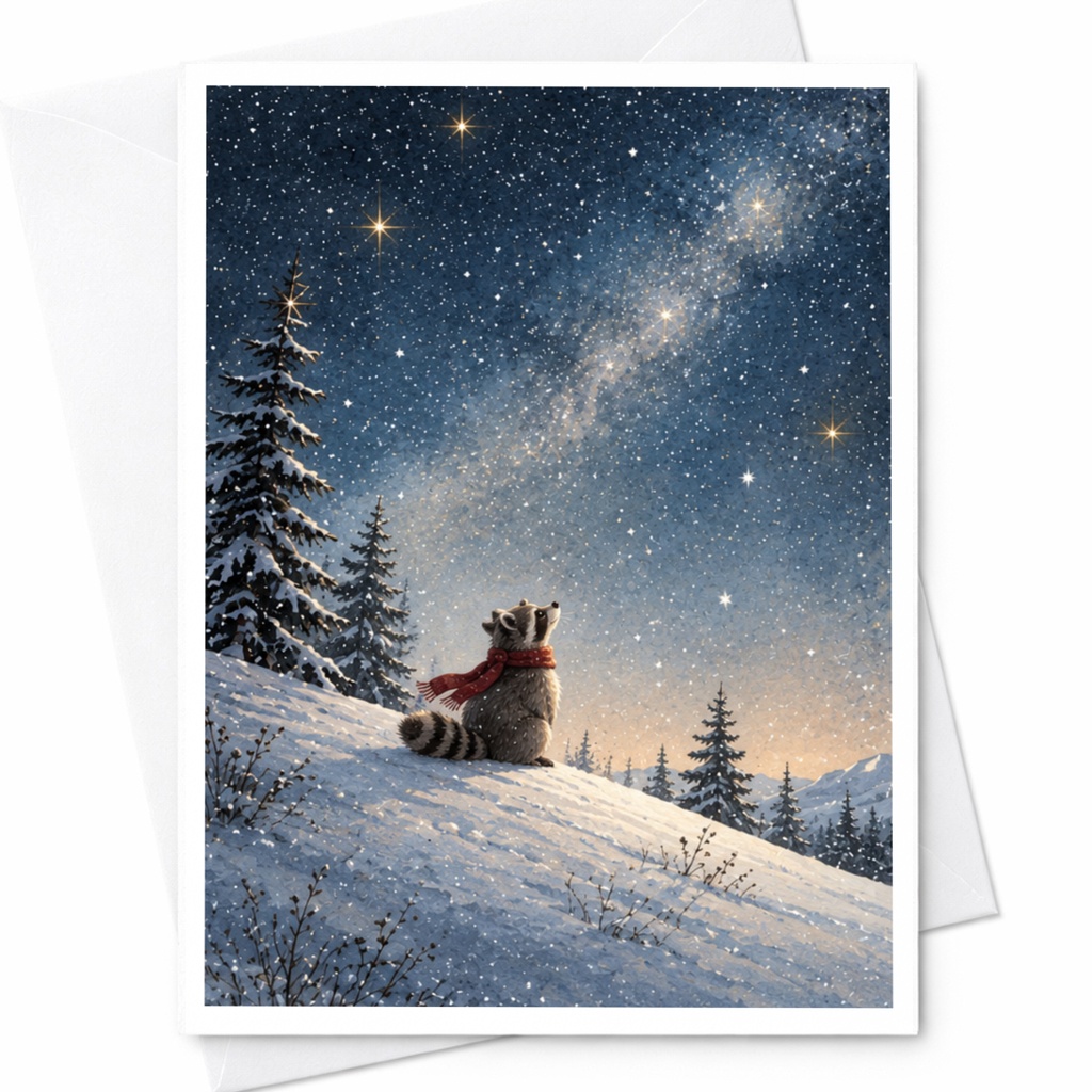 Raccoon In Snowy Landscape Blank Greeting Card Winter Animal Card For Nature Lover Cute Woodland Scene Christmas Card C9872