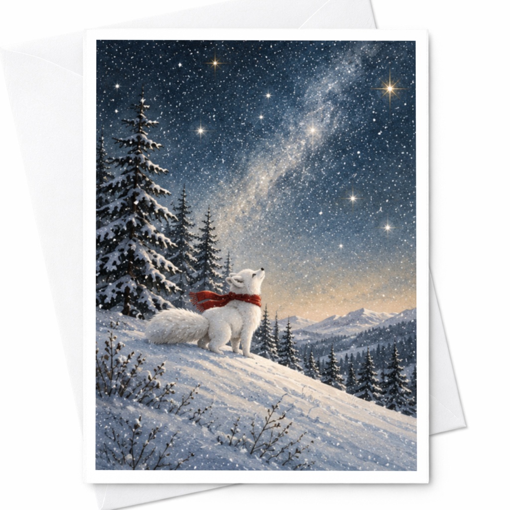 Fox In Snowy Landscape Christmas Card Winter Wonderland Greeting Card For Animal Lover Cute Holiday Card Starry Night Scene C9897