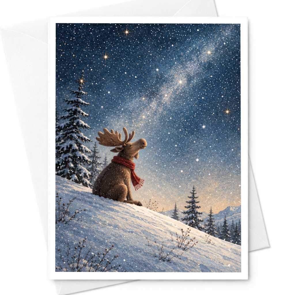 Moose In Snowy Landscape Blank Greeting Card Winter Scene Animal Lover Christmas Card Cute Holiday Card For Nature Enthusiasts C9875