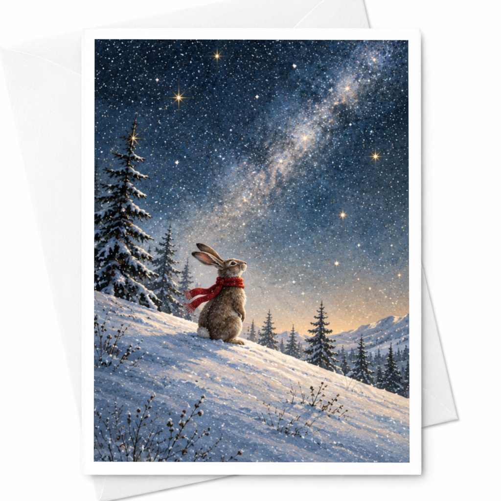 Winter Rabbit Christmas Card Starry Night Scene Holiday Greeting Card For Animal Lover Cute Seasonal Card Nature Art C9876