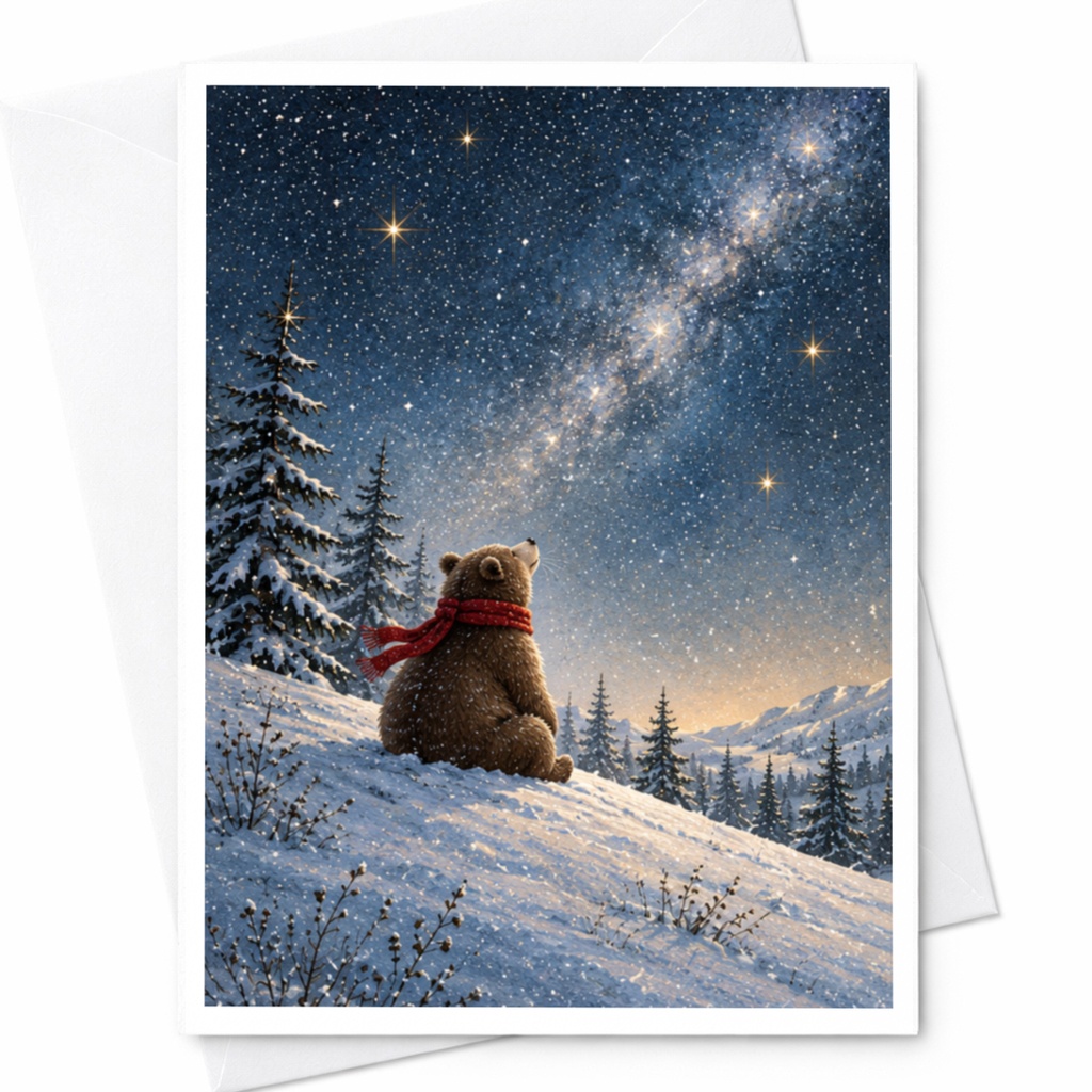 Bear In Snow Under Starry Sky Blank Greeting Card Winter Scene For Nature Lover Cute Animal Card Christmas Holiday Card C9877