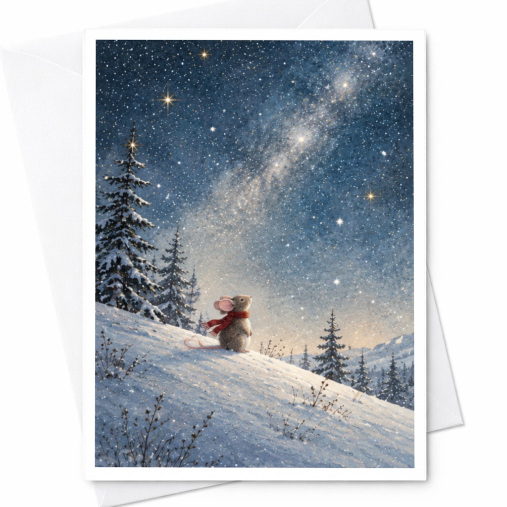 Mouse In Snowy Landscape Blank Greeting Card Winter Scene For Animal Lover Cute Christmas Card Starry Night Illustration C9878