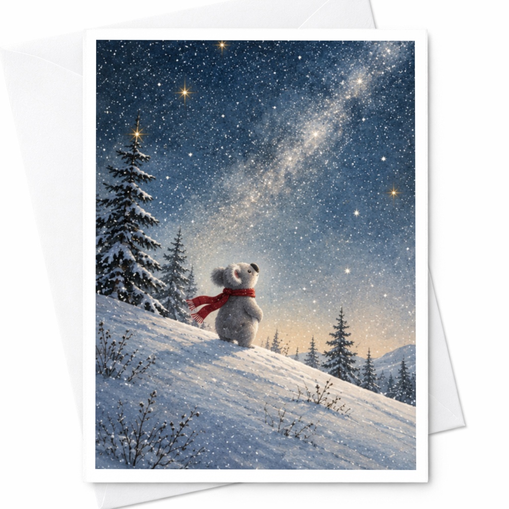 Koala In Snow Christmas Card Cute Winter Scene Holiday Greeting Card For Animal Lover Starry Night Sky Festive Card C9902