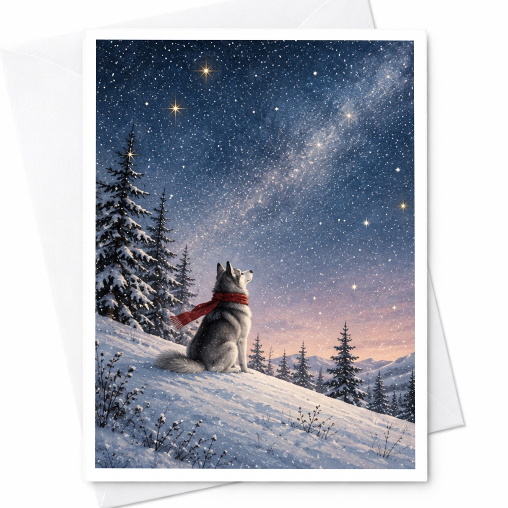 Husky In Snowy Landscape Blank Greeting Card Winter Scene Animal Lover Christmas Card Starry Night For Dog Lover C9905