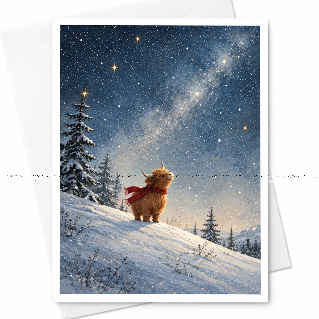 Highland Cow Winter Scene Blank Greeting Card Cute Animal Christmas Card For Nature Lover Snowy Landscape Holiday Card C9882