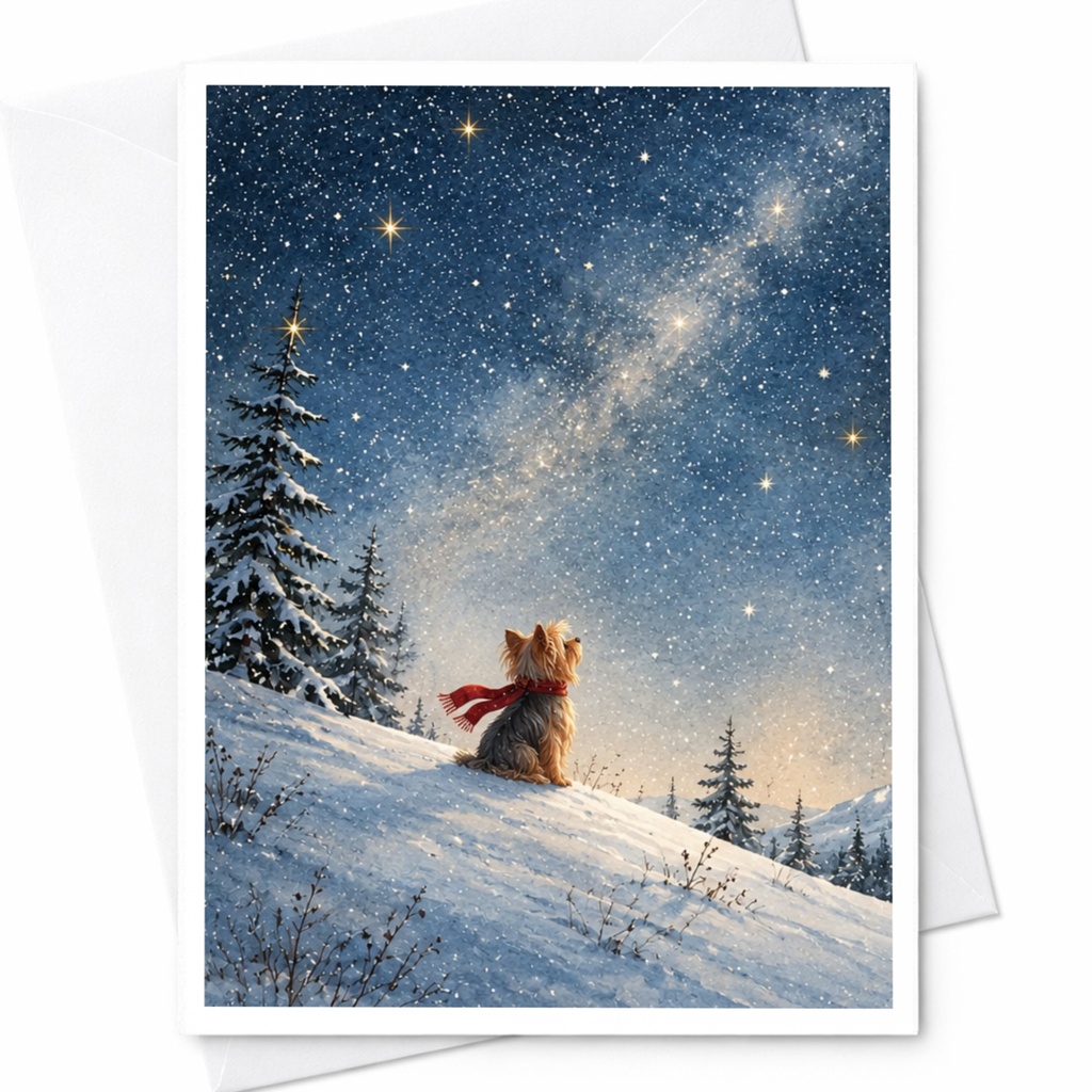 Dog In Snow Under Starry Sky Blank Greeting Card Winter Scene For Dog Lover Cute Animal Card Christmas Holiday Card C9906