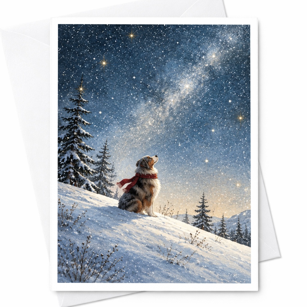 Dog In Snow Under Starry Sky Blank Greeting Card Winter Scene For Dog Lover Christmas Card Cute Animal Holiday Card C9910