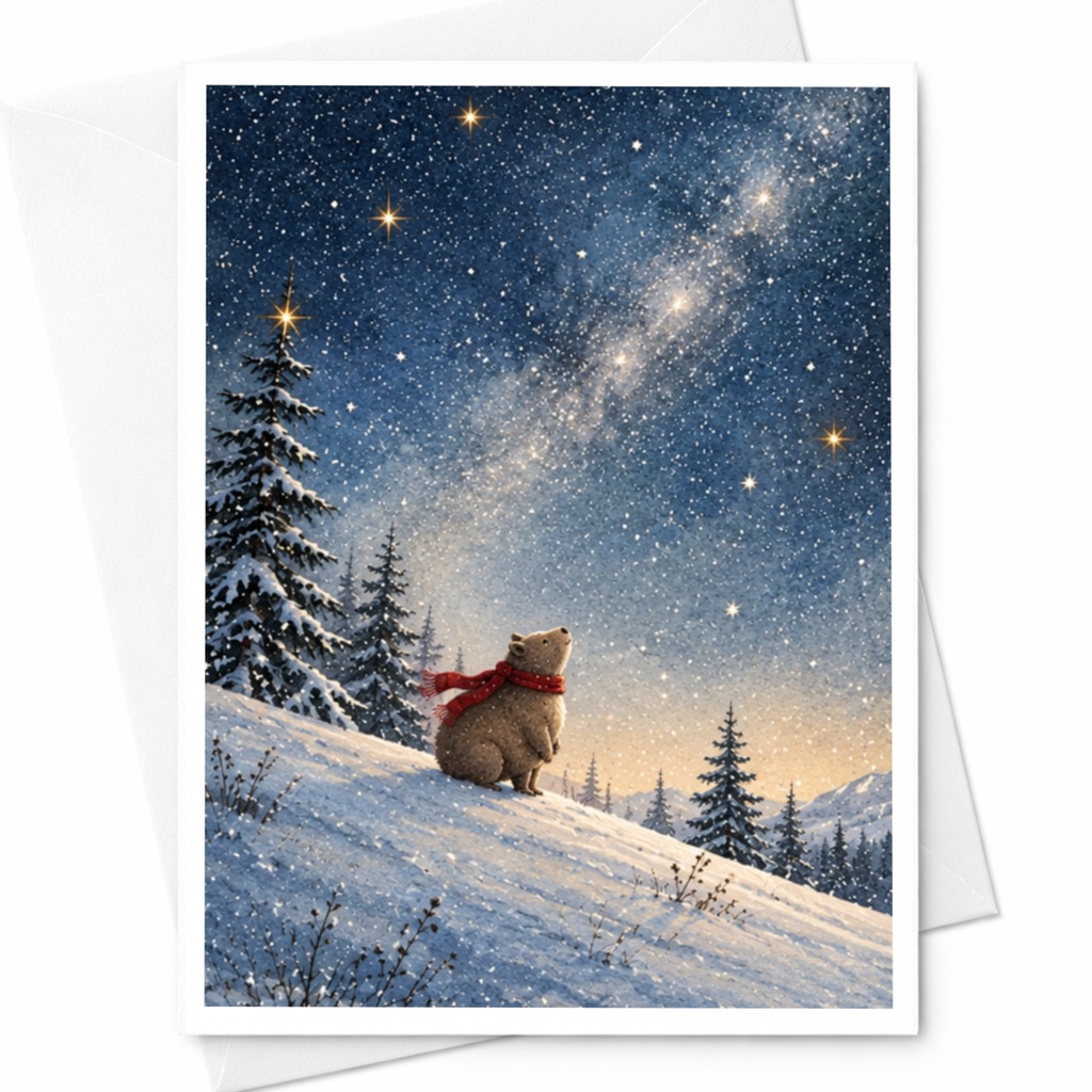 Bear In Snow Under Starry Sky Blank Greeting Card Winter Scene For Nature Lover Cute Animal Card Christmas Holiday Card C9885