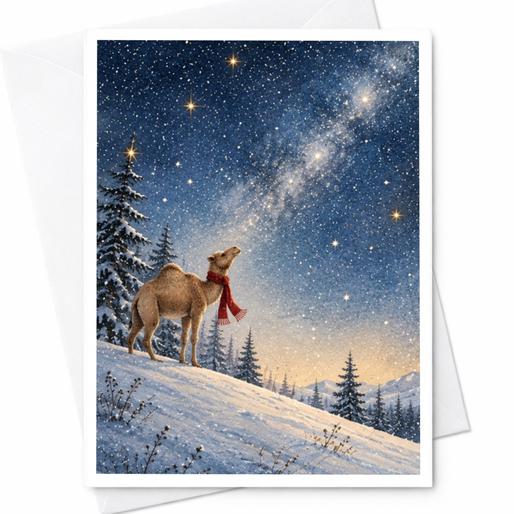 Camel In Snowy Landscape Christmas Card Starry Night Winter Scene Holiday Greeting Card For Animal Lover Unique Seasonal Card C9886