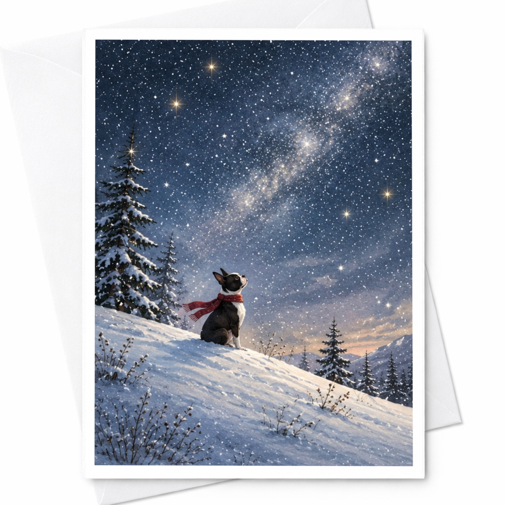 Dog In Snow Under Starry Sky Christmas Card Winter Scene Greeting Card For Dog Lover Cute Holiday Card Animal Lover C9911