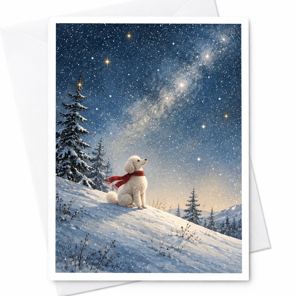 Dog In Snow Christmas Card Winter Scene Greeting Card For Dog Lover Cute Holiday Card With Scarf Starry Night Sky C9912