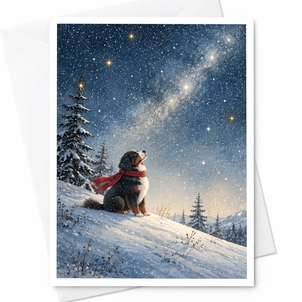 Dog In Snow Christmas Card Winter Scene Greeting Card For Dog Lover Cute Holiday Card Starry Night Animal Card C9913