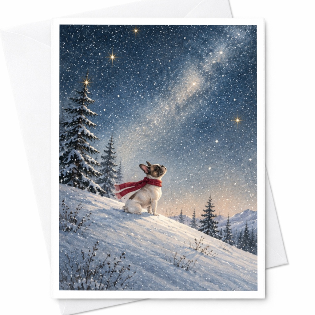 Dog In Snow Christmas Card Cute Winter Scene Greeting Card For Dog Lover Holiday Card Festive French Bulldog Art C9914