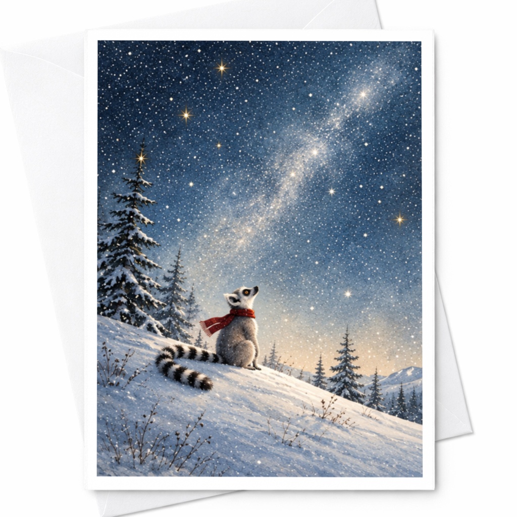 Lemur In Snowy Landscape Blank Greeting Card Winter Animal Card For Nature Lover Cute Holiday Card Starry Night Scene C9890