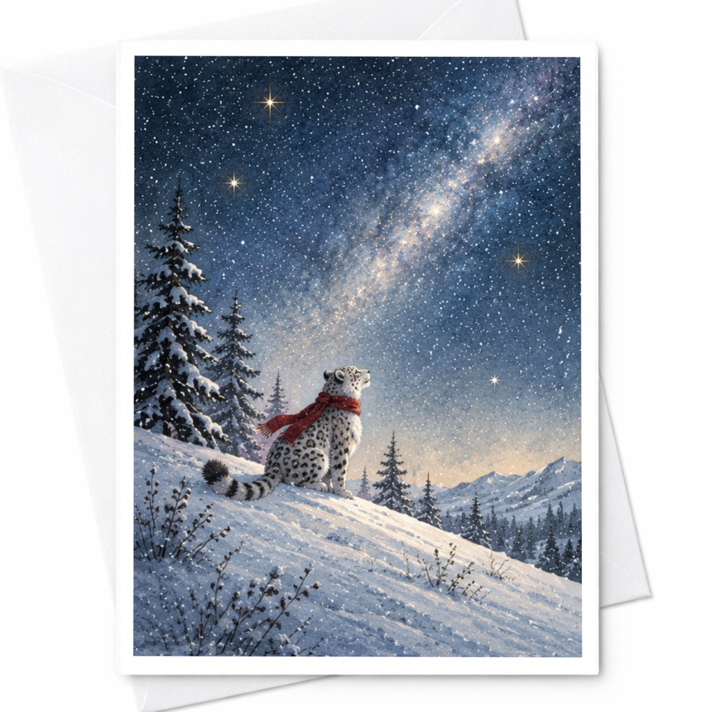 Snow Leopard Winter Scene Blank Greeting Card Animal Lover Christmas Card Wildlife Art For Nature Enthusiast Cute Holiday Card C9891