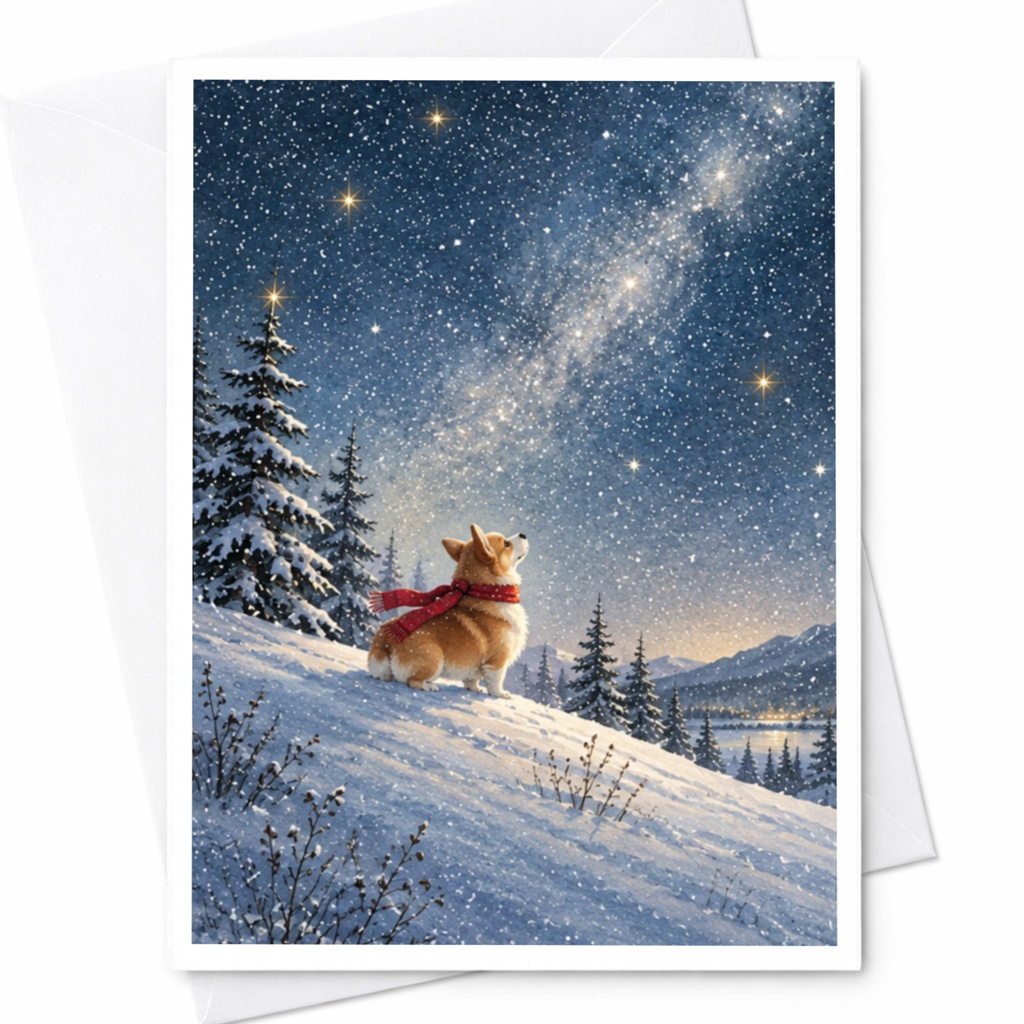 Corgi In Snowy Night Blank Greeting Card Winter Scene For Dog Lover Cute Animal Card Christmas Holiday Card C9916