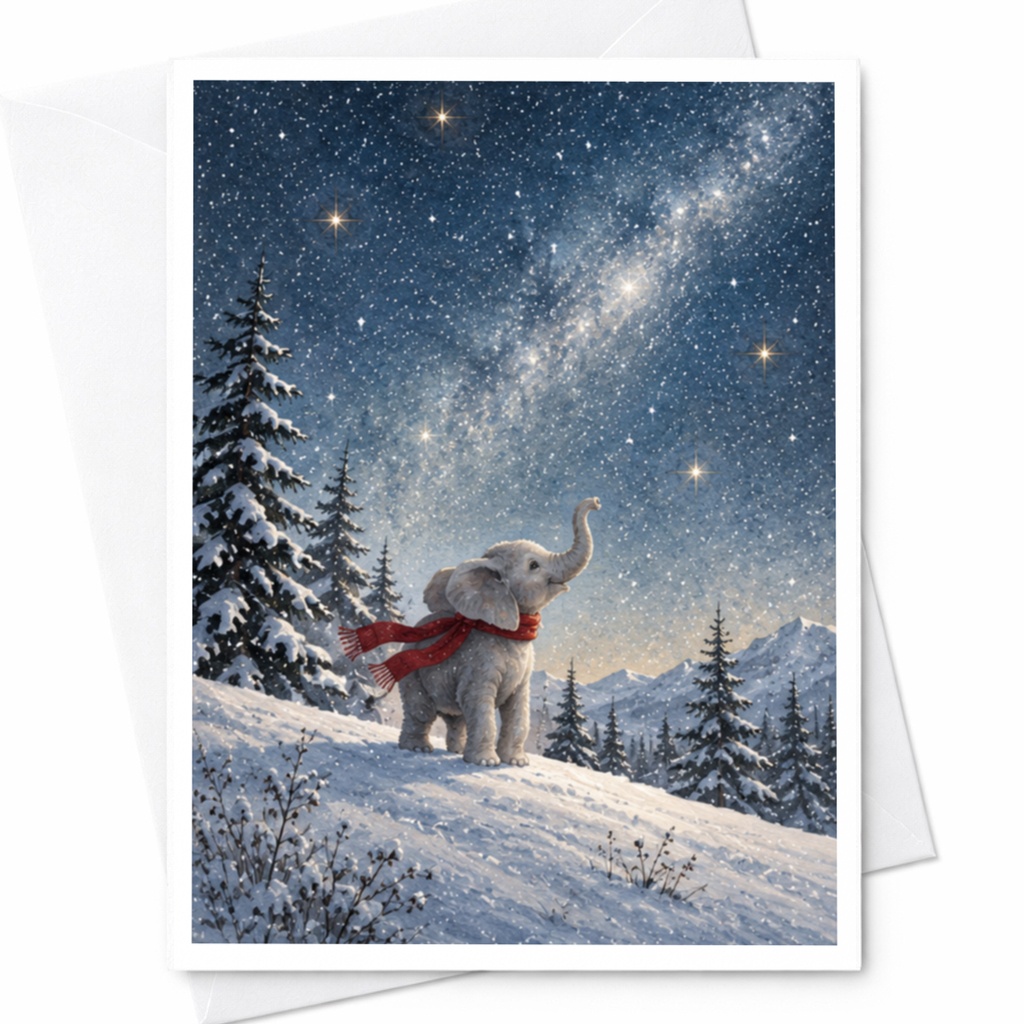 Elephant In Snowy Landscape Blank Greeting Card Winter Wonderland Animal Lover Cute Holiday Card For Friend Nature Inspired C9892