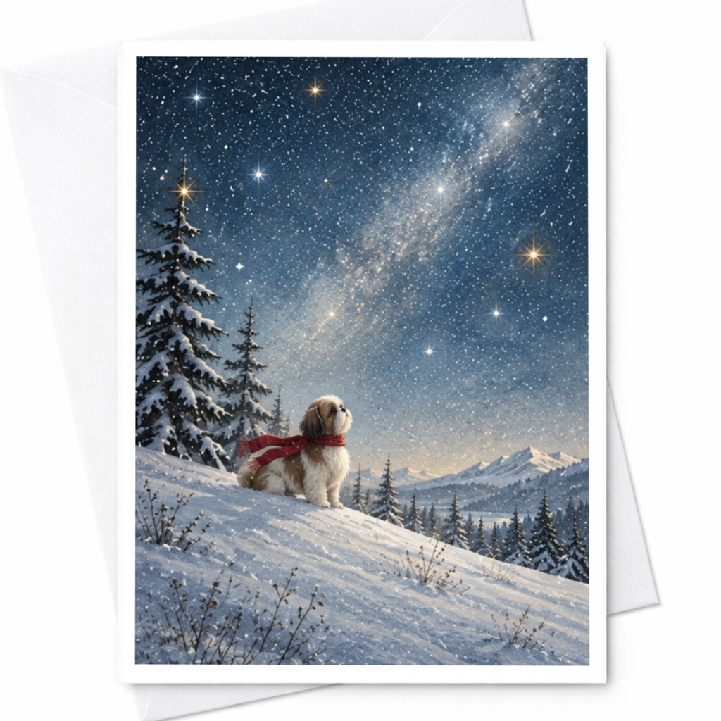Dog In Snowy Landscape Christmas Card Winter Wonderland Greeting Card For Dog Lover Starry Night Holiday Card Cute Animal C9919