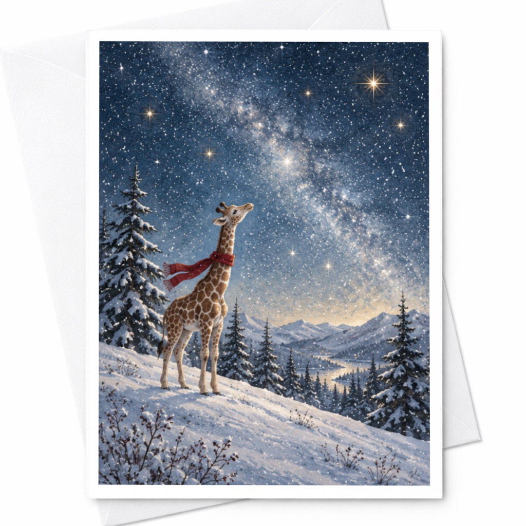 Giraffe In Snowy Landscape Christmas Card Winter Wonderland Greeting Card For Animal Lover Cute Holiday Card Starry Night C9893