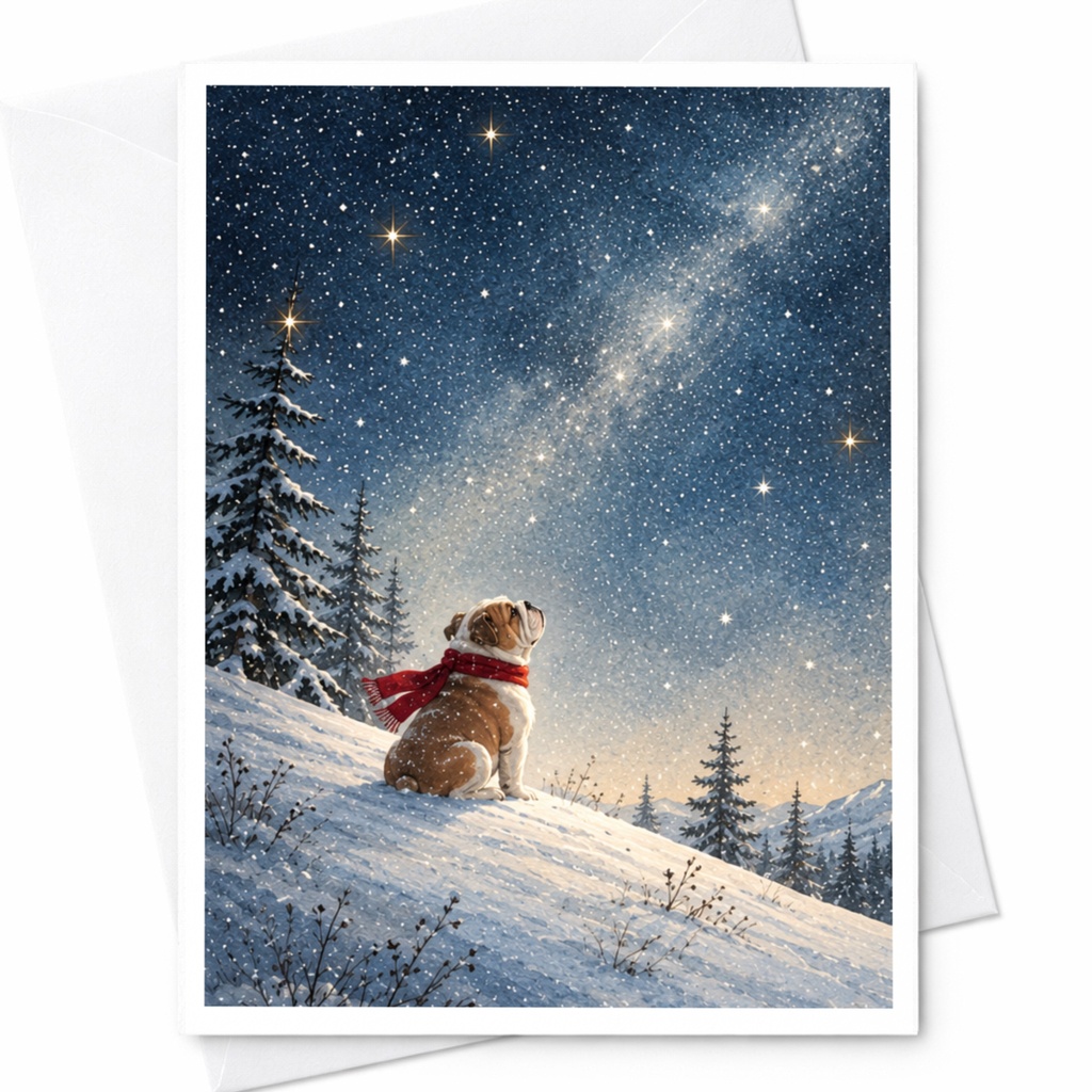Dog In Snow Christmas Card Winter Scene Greeting Card For Dog Lover Cute Holiday Card With Scarf Starry Night C9921