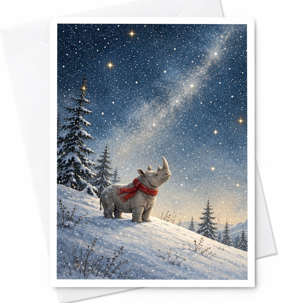 Rhino In Snow Christmas Card Cute Winter Animal Greeting Card For Wildlife Lover Holiday Card With Scarf Starry Night Scene C9895