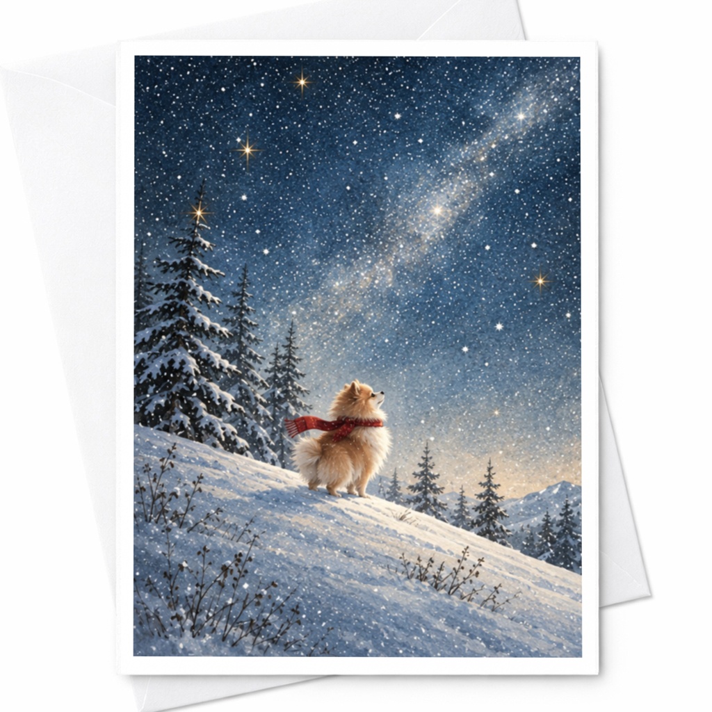 Dog In Snowy Landscape Christmas Card Winter Scene Greeting Card For Dog Lover Cute Holiday Card Starry Night C9922