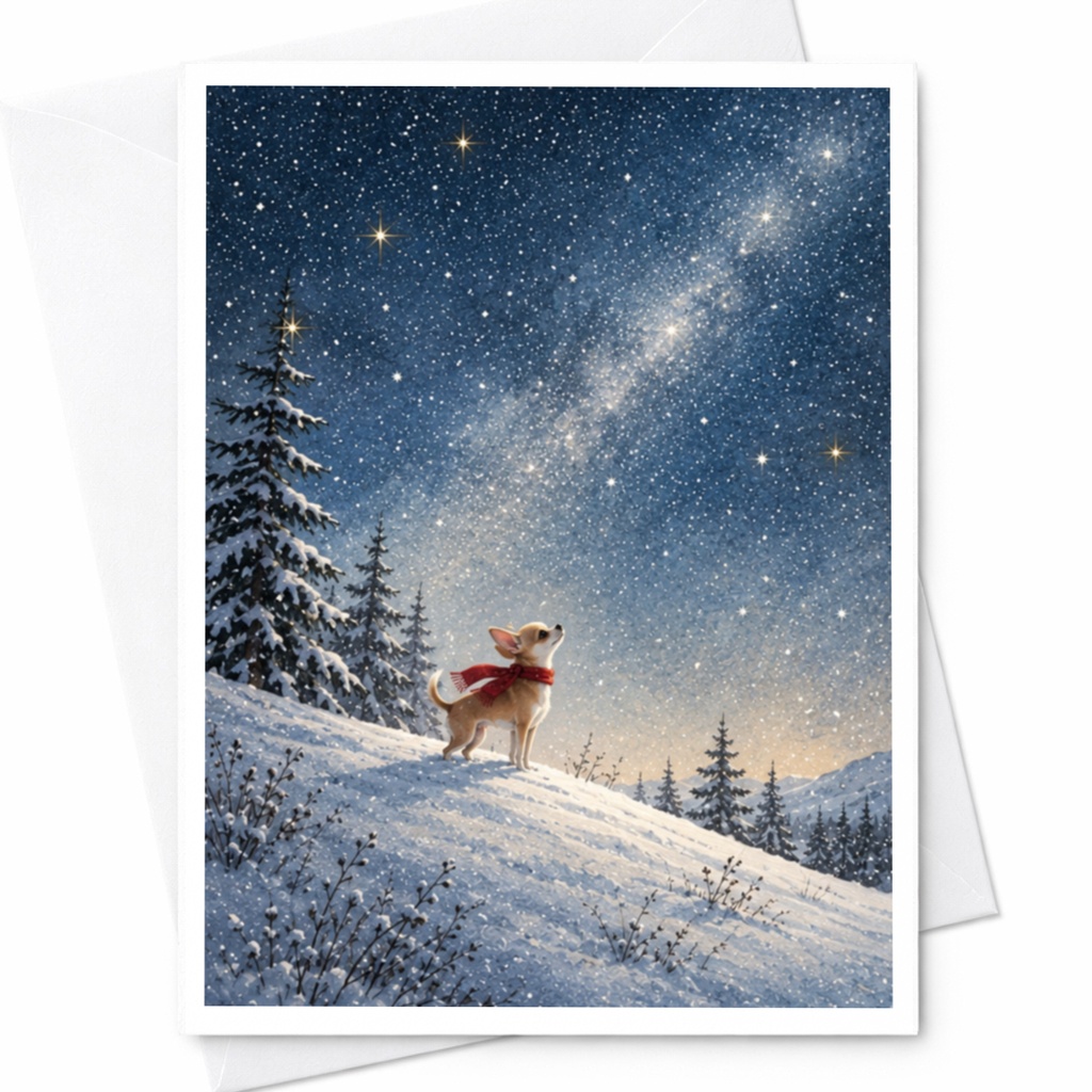 Dog In Snowy Landscape Christmas Card Cute Winter Scene Greeting Card For Dog Lover Starry Night Holiday Card C9924