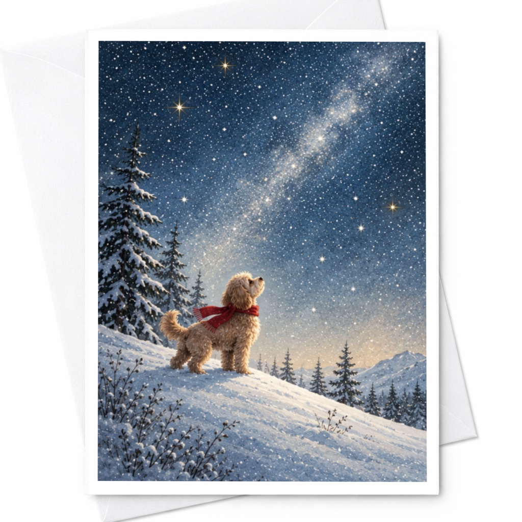 Dog In Snowy Landscape Blank Greeting Card Winter Scene For Dog Lover Cute Holiday Card Starry Night Christmas Card C9925