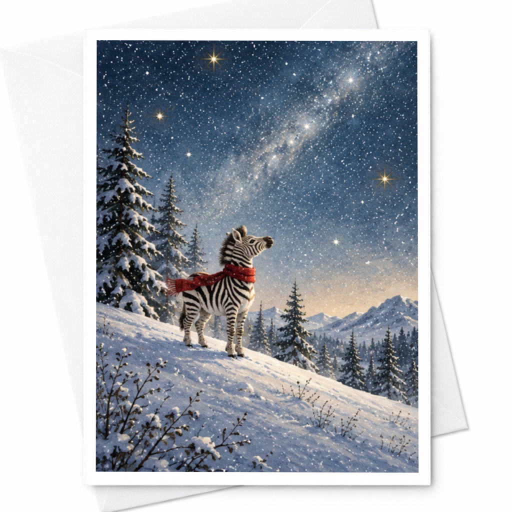 Zebra In Snowy Landscape Christmas Card Winter Wonderland Animal Greeting Card For Nature Lover Festive Holiday Card C9898