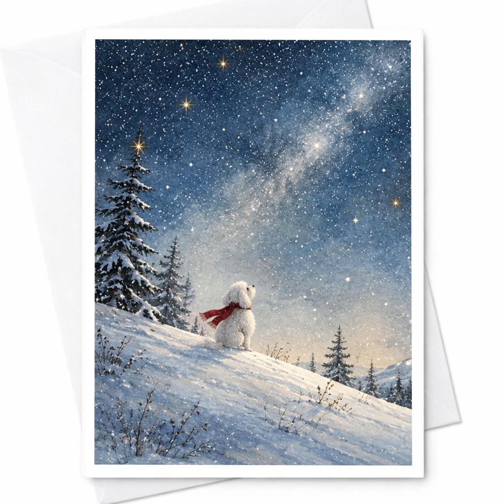 Dog In Snow With Starry Sky Blank Greeting Card Winter Scene For Dog Lover Cute Holiday Card Christmas Card Animal Art C9926