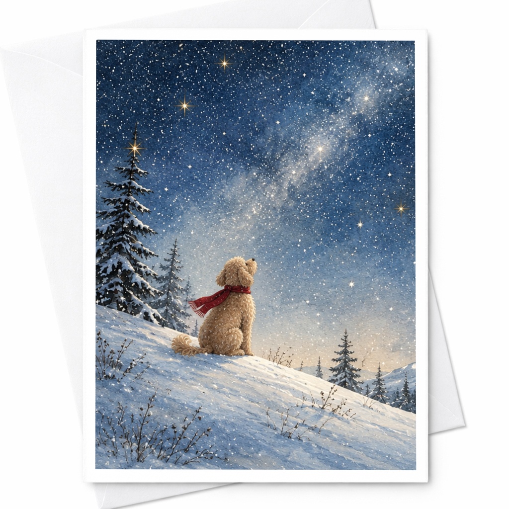 Dog In Snow Under Starry Sky Blank Greeting Card Winter Scene For Dog Lover Cute Holiday Card Christmas Card C9927