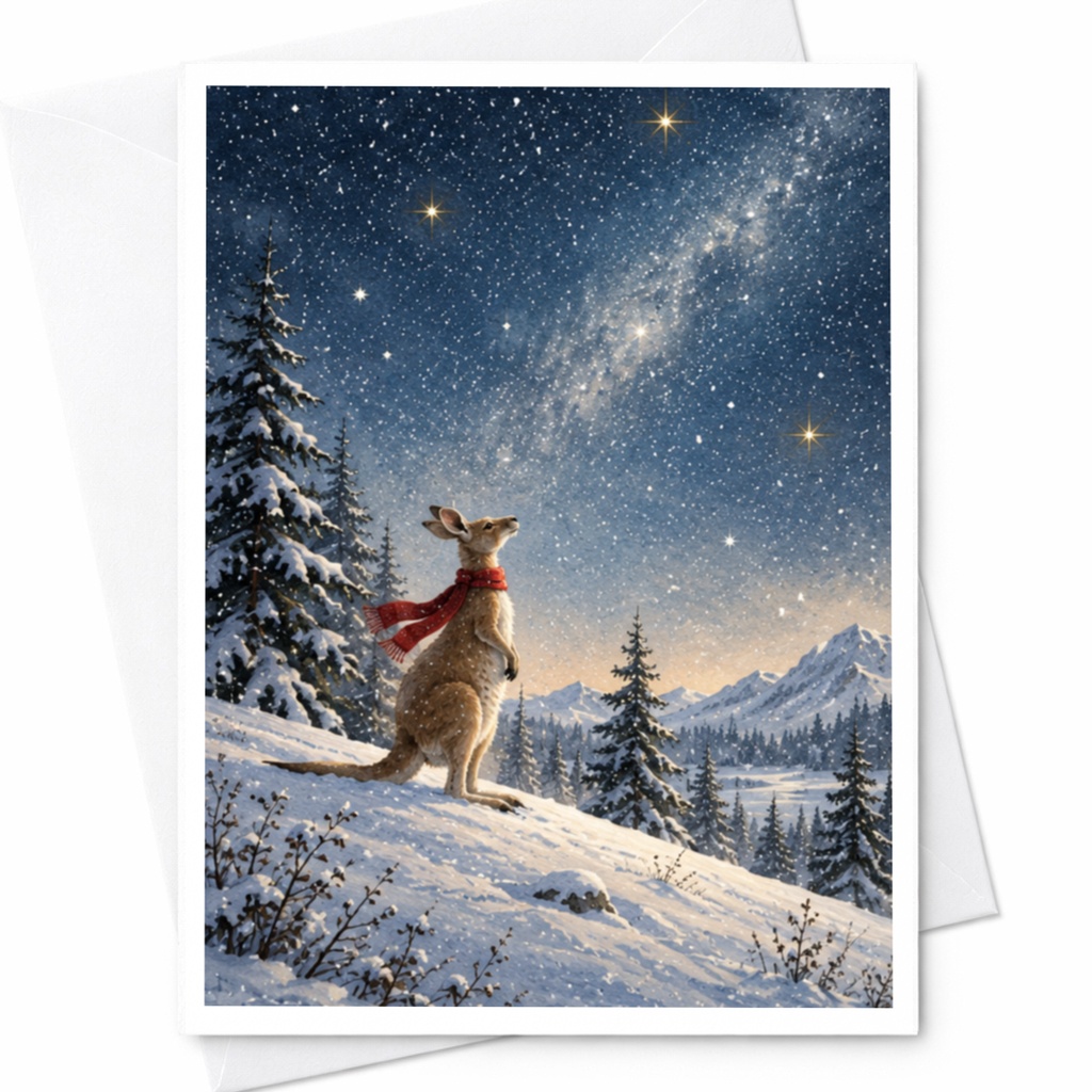 Kangaroo In Snowy Landscape Christmas Card Winter Wonderland Holiday Greeting Card For Animal Lover Cute Festive Card C9899