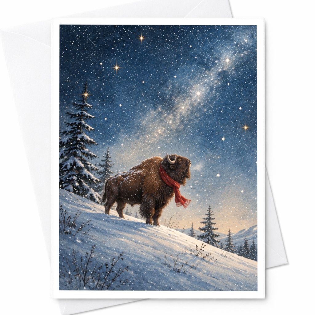 Bison In Snowy Landscape Blank Greeting Card Winter Scene Animal Lover Christmas Card Nature Art For Him Her C9900