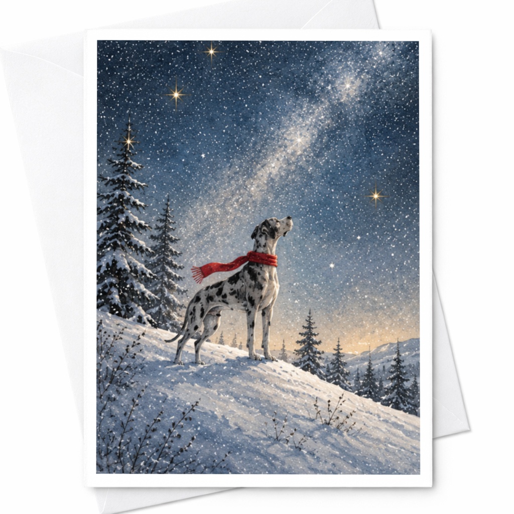 Dog In Snow Christmas Card Winter Scene Greeting Card For Dog Lover Holiday Card Cute Animal Card Starry Night C9933