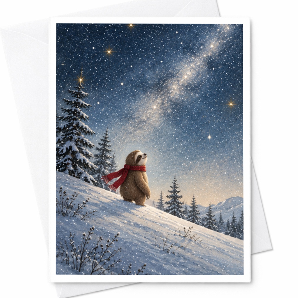 Sloth Winter Wonderland Card Blank Greeting Card Cute Animal Card For Nature Lover Christmas Card Starry Night Scene C9903