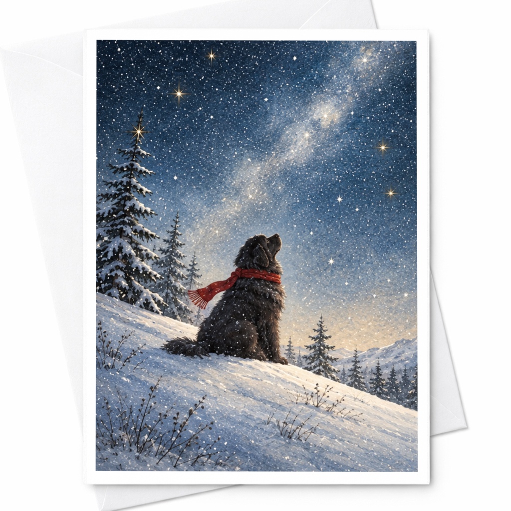 Dog In Snow With Scarf Christmas Card Winter Scene Greeting Card For Dog Lover Cute Holiday Card Starry Night C9937