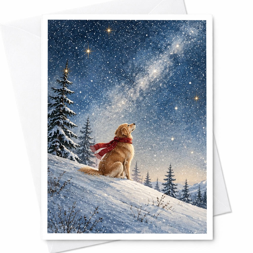 Dog In Snow Under Starry Sky Christmas Card Winter Scene Greeting Card For Dog Lover Cute Holiday Card Animal Lover C9908