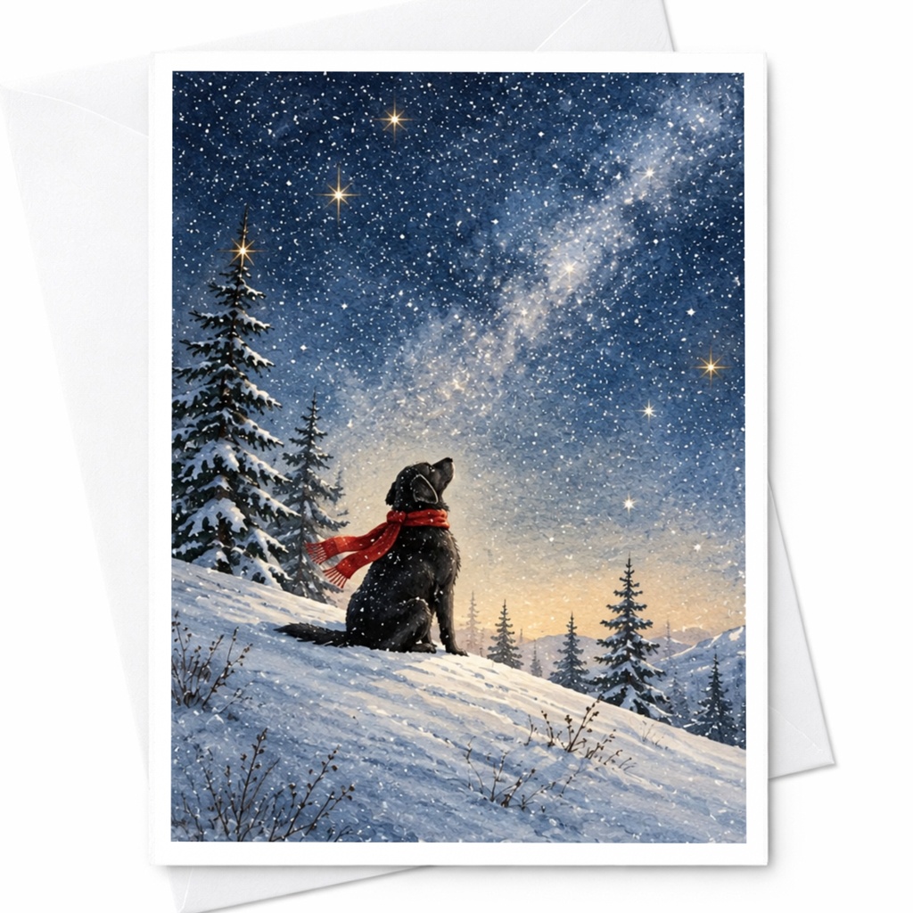 Dog In Snow Christmas Card Winter Scene Greeting Card For Dog Lover Cute Holiday Card Starry Night Scenic Card C9909