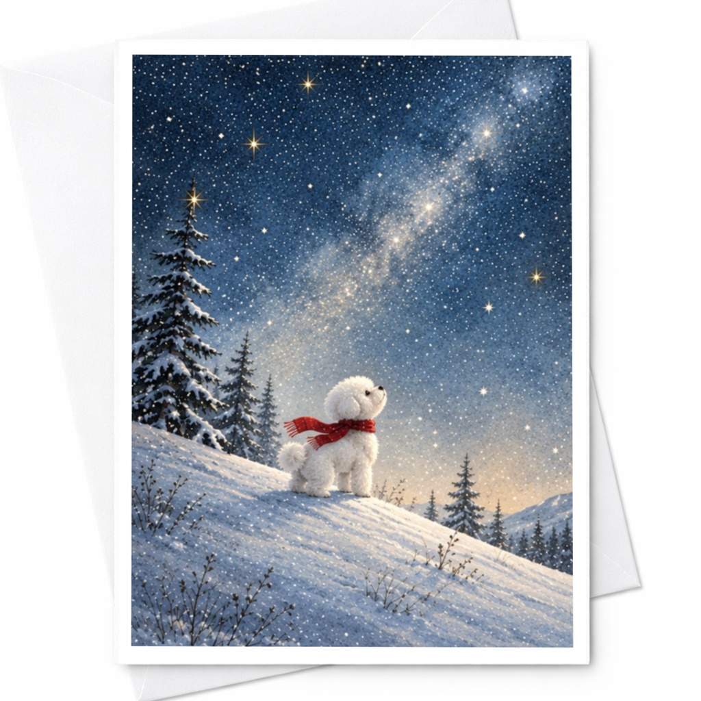 Dog In Snowy Landscape Christmas Card Cute Winter Scene Greeting Card For Dog Lover Holiday Card Starry Night C9941