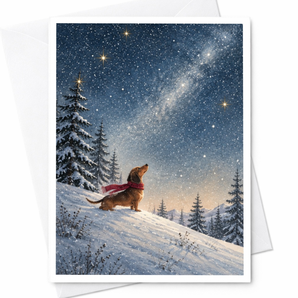 Dog In Winter Scene Christmas Card Cute Holiday Greeting Card For Dog Lover Snowy Night Sky Scenic Card C9915