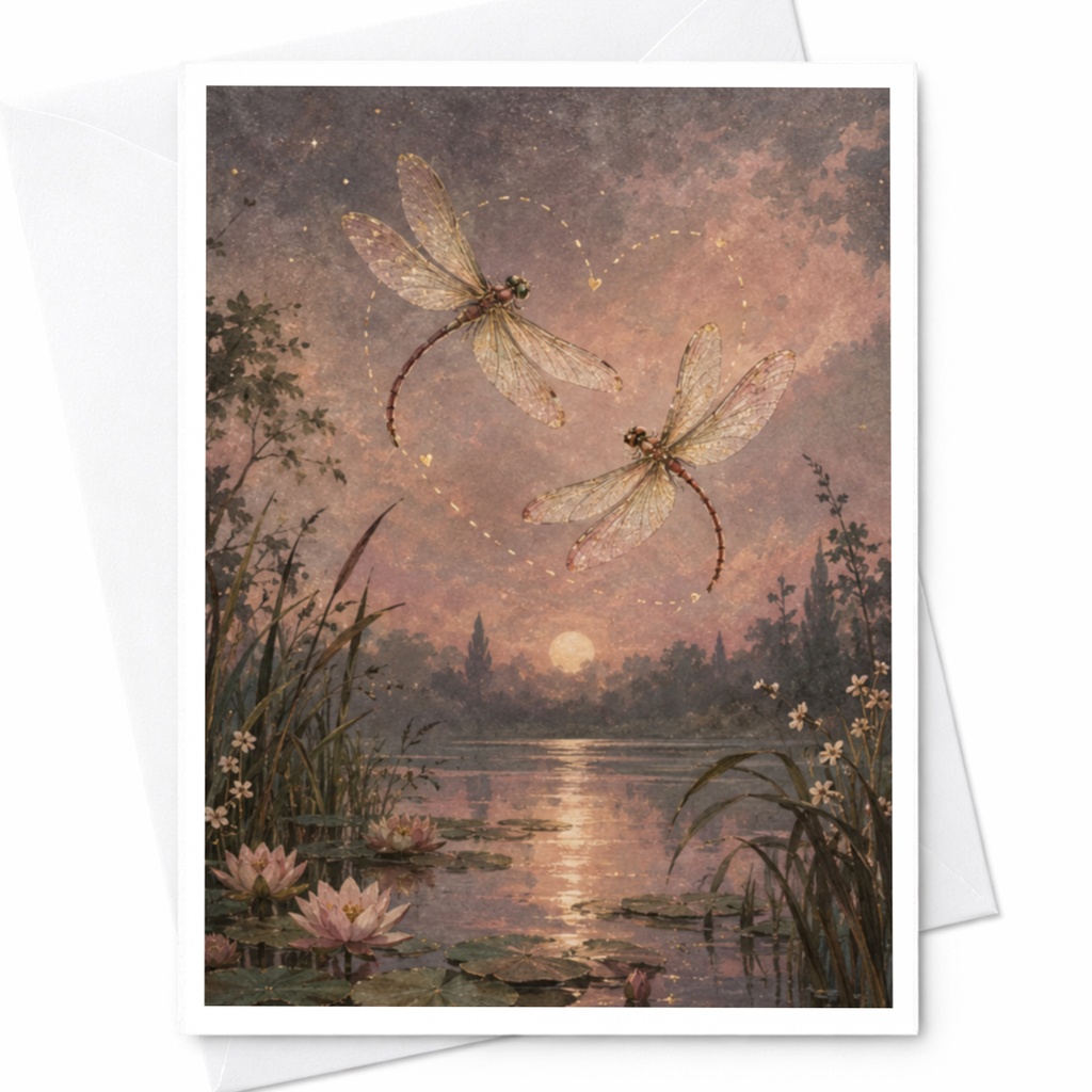 Dragonfly Pond Scene Blank Greeting Card Nature Inspired Card For Her Romantic Watercolor Art Card Everyday Card C9948