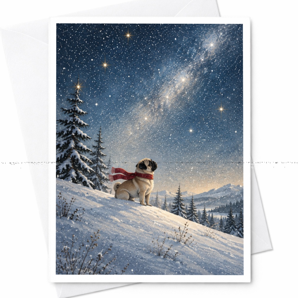 Pug In Snowy Landscape Christmas Card Winter Scene Greeting Card For Dog Lover Cute Holiday Card Starry Night C9918