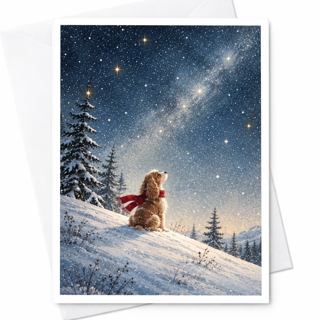 Dog In Snow Christmas Card Winter Wonderland Greeting Card For Dog Lover Starry Night Holiday Card Cute Animal Card C9920