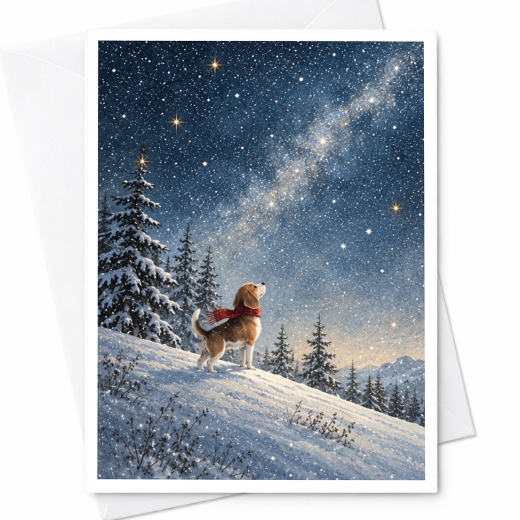 Dog In Snowy Landscape Blank Greeting Card Winter Scene For Dog Lover Starry Night Christmas Card Cute Animal Card C9923