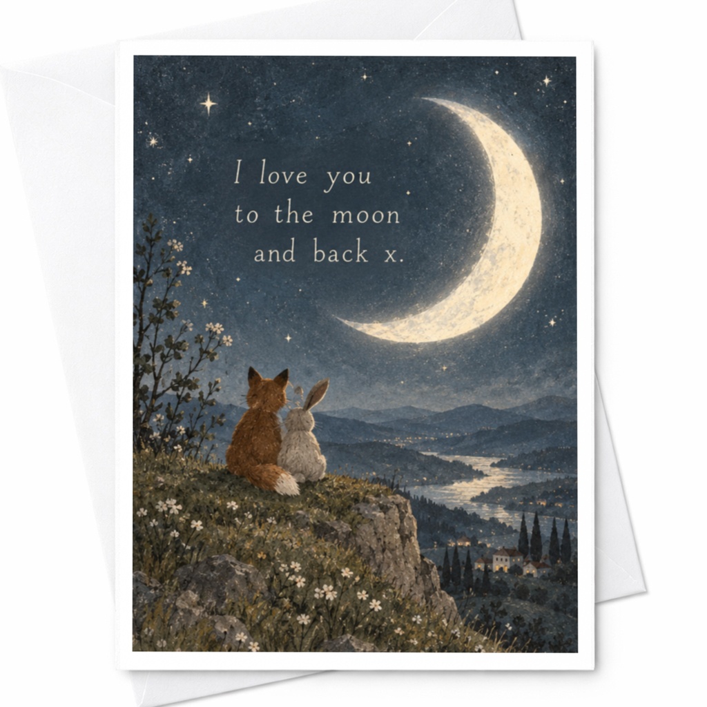 I Love You To The Moon And Back Love Card Romantic Greeting Card For Couple Anniversary Card Cute Fox Rabbit Illustration C9953
